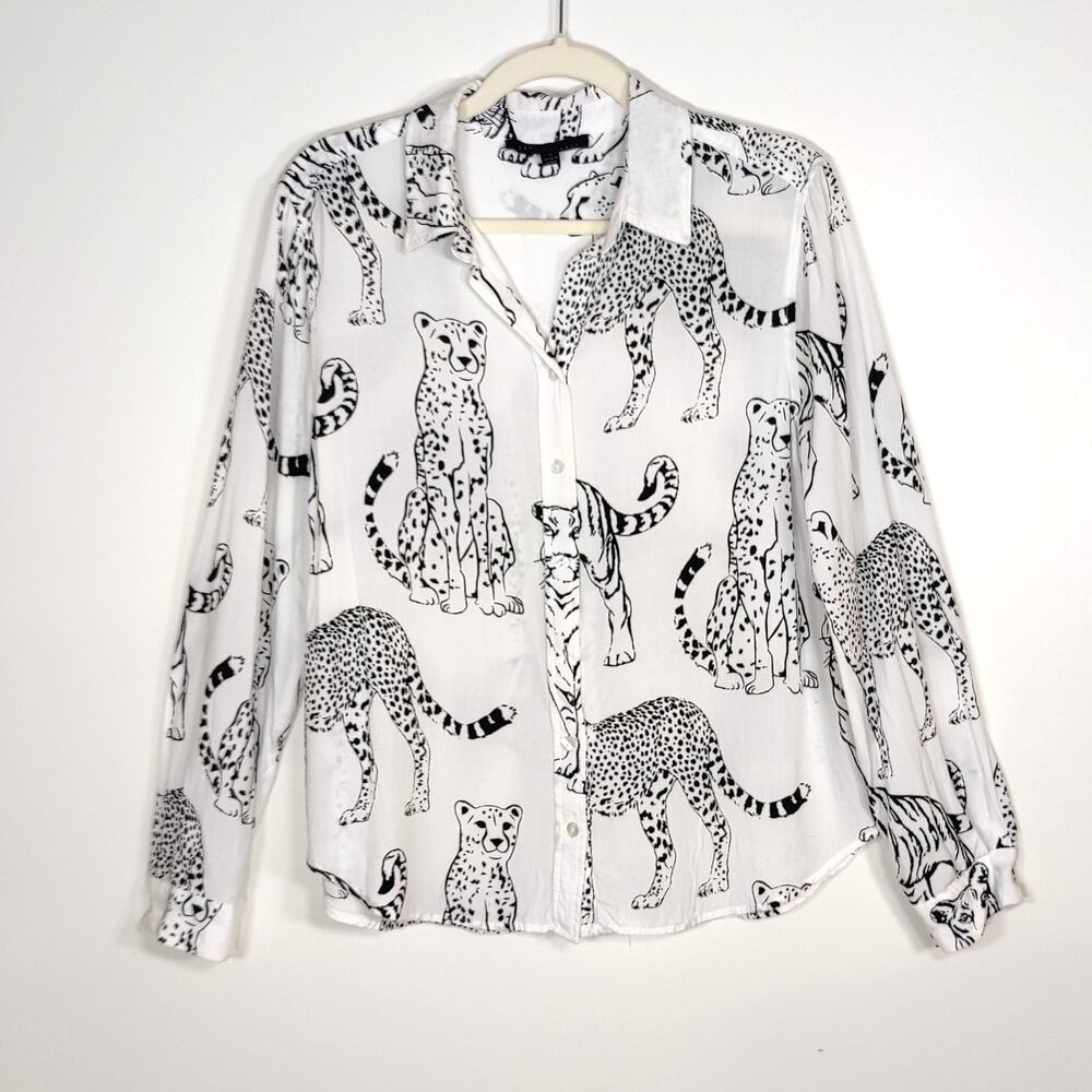 Jane + Delancey Button Up Blouse Cheetah Tiger Print White Black M Artsy